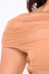 Rhinestone On Power Mesh Off The Shoulder Mini Dress