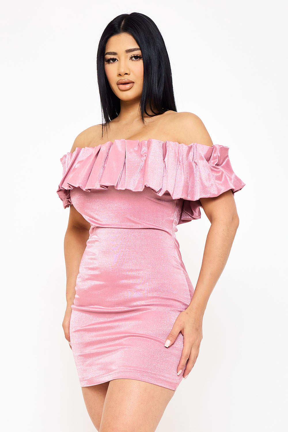 Symphony Dress - Ruffle Metallic Tricot Off The Shoulder Mini Dress | Zezebe