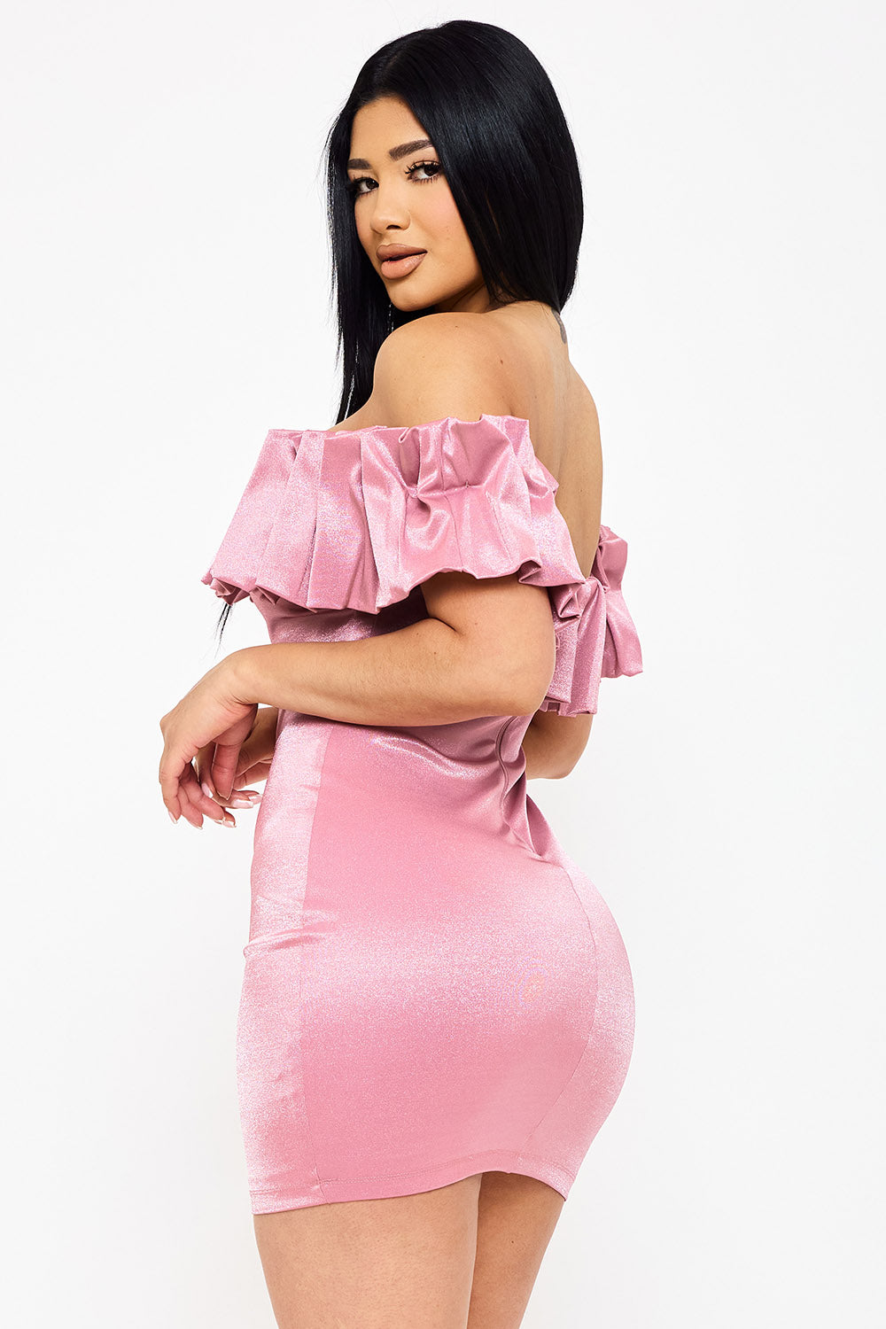 Symphony Dress - Ruffle Metallic Tricot Off The Shoulder Mini Dress | Zezebe