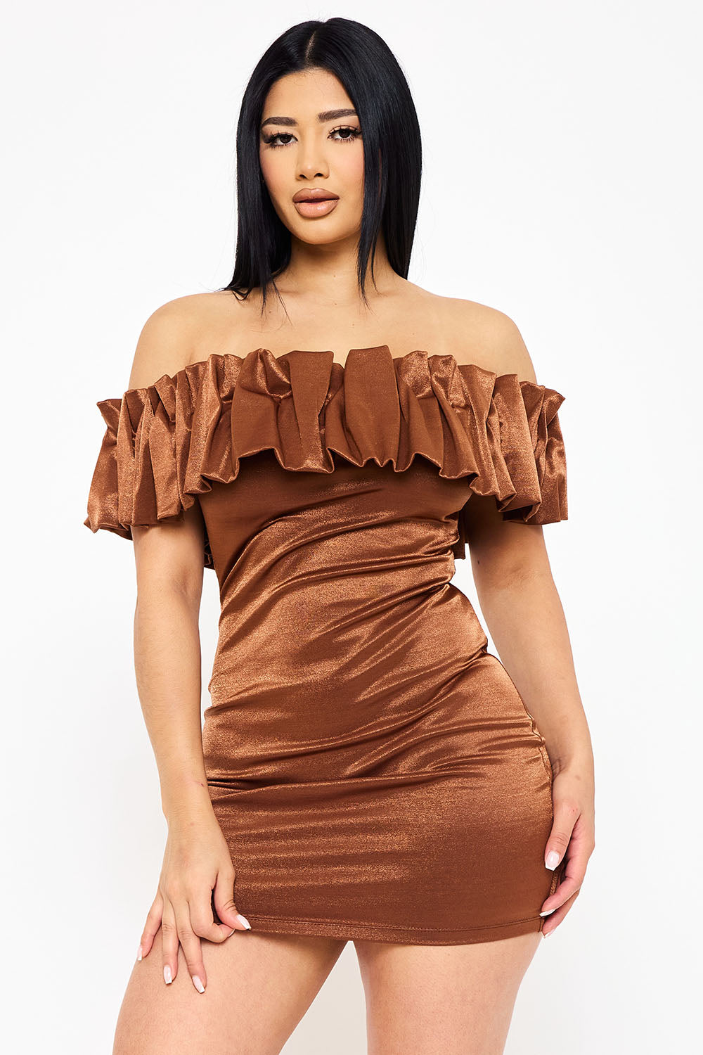 Symphony Dress - Ruffle Metallic Tricot Off The Shoulder Mini Dress | Zezebe