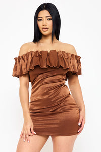 Symphony Dress - Ruffle Metallic Tricot Off The Shoulder Mini Dress | Zezebe