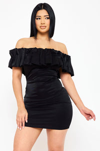 Symphony Dress - Ruffle Metallic Tricot Off The Shoulder Mini Dress | Zezebe