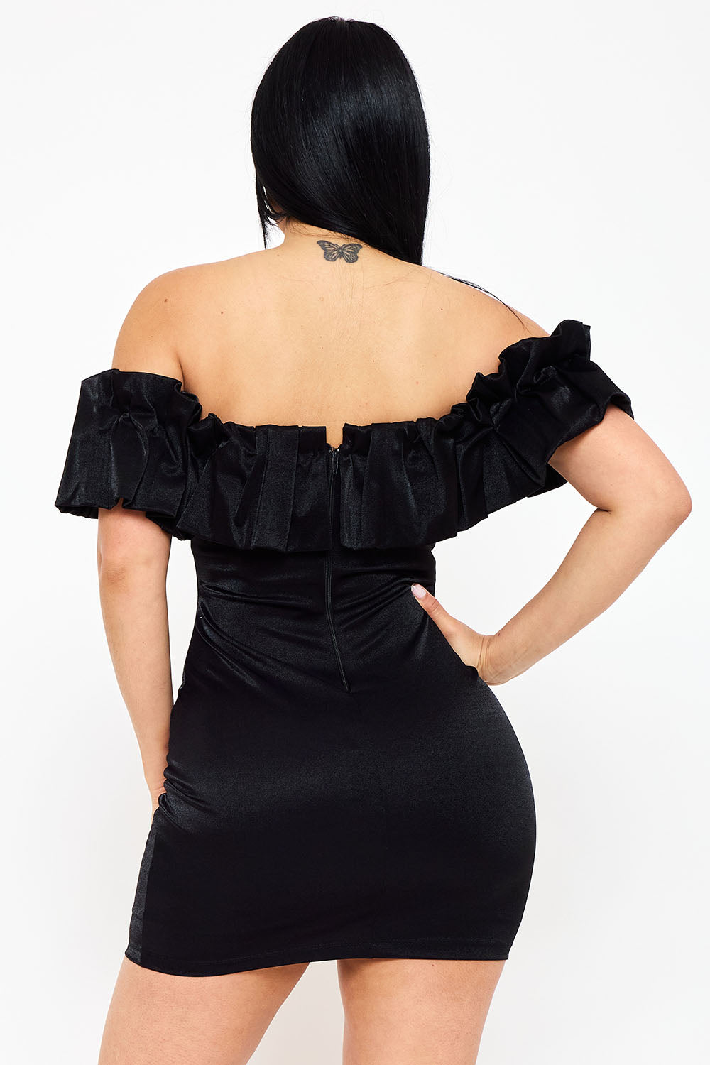 Symphony Dress - Ruffle Metallic Tricot Off The Shoulder Mini Dress | Zezebe