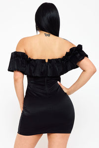 Symphony Dress - Ruffle Metallic Tricot Off The Shoulder Mini Dress | Zezebe