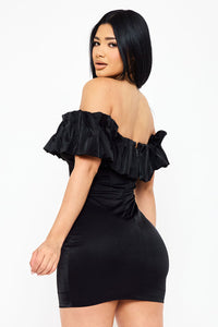 Symphony Dress - Ruffle Metallic Tricot Off The Shoulder Mini Dress | Zezebe