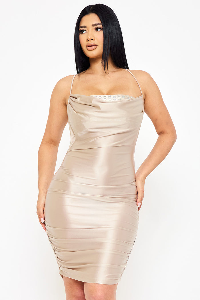 Symphony Dress - Rectangle Rhinestone On Pearl Satin Mini Dress | Zezebe