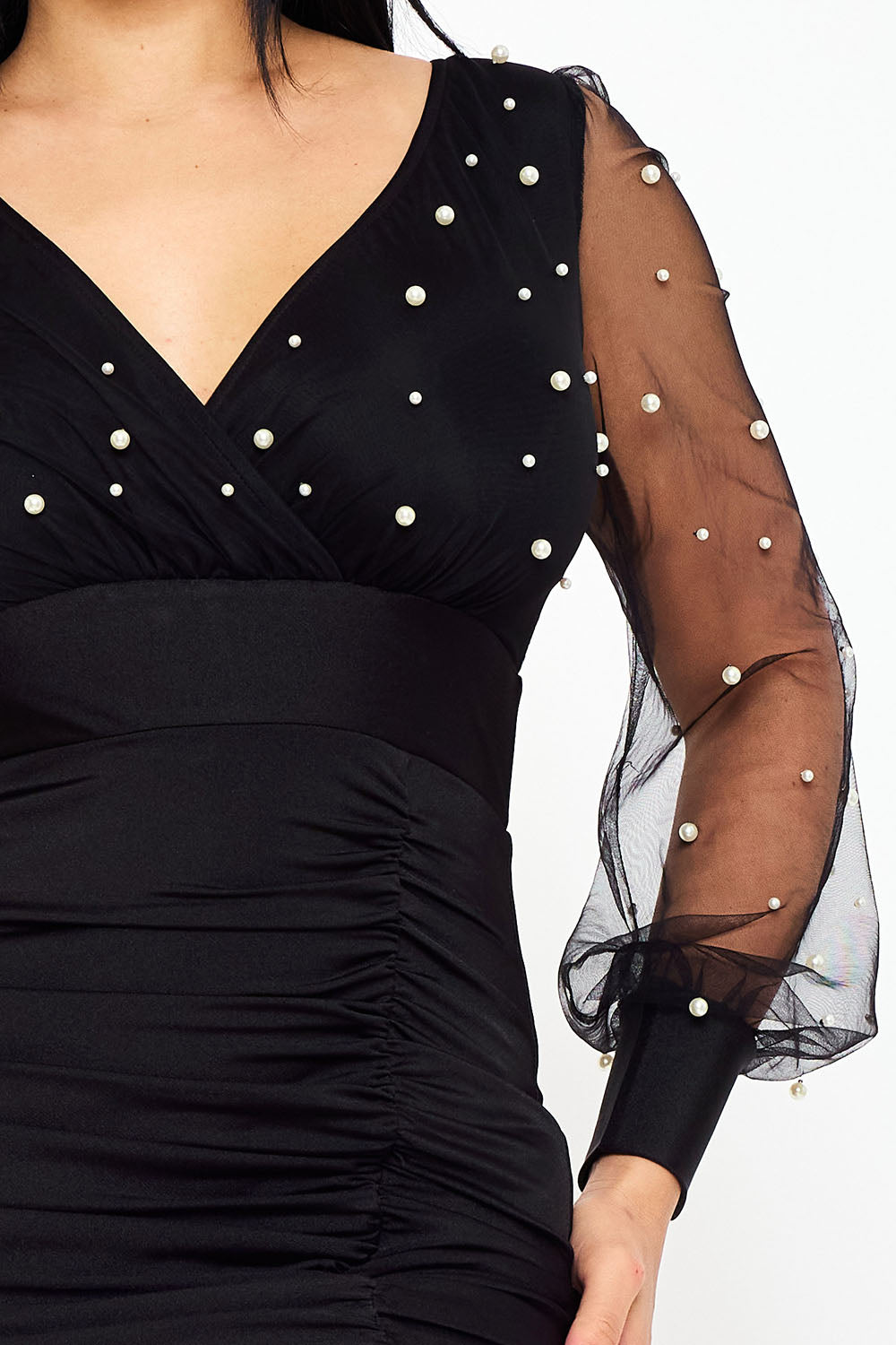 Pearl Beaded On Mesh With Contrast Power Satin Midi Dress
