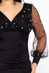 Pearl Beaded On Mesh With Contrast Power Satin Midi Dress