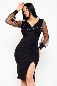 Symphony Dress - Pearl Beaded On Mesh With Contrast Power Satin Midi Dress | Zezebe