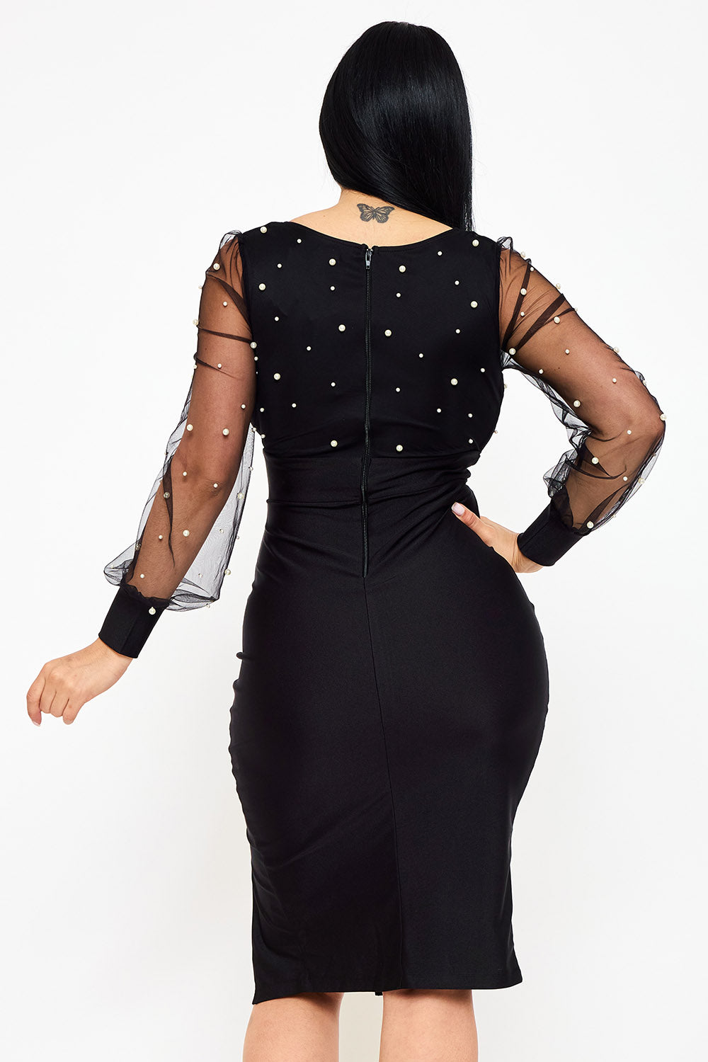 Pearl Beaded On Mesh With Contrast Power Satin Midi Dress
