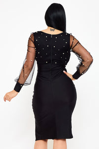 Pearl Beaded On Mesh With Contrast Power Satin Midi Dress