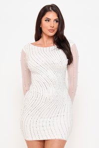 Rhinestone Trim Wave With Pearl On Power Mesh Mini Dress