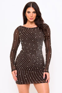 Symphony Dress - Rhinestone Trim Wave With Pearl On Power Mesh Mini Dress | Zezebe
