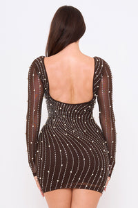 Rhinestone Trim Wave With Pearl On Power Mesh Mini Dress