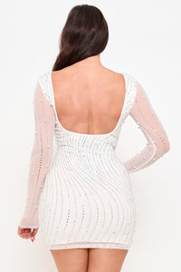 Rhinestone Trim Wave With Pearl On Power Mesh Mini Dress