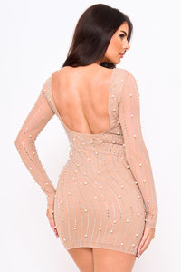Symphony Dress - Rhinestone Trim Wave With Pearl On Power Mesh Mini Dress | Zezebe