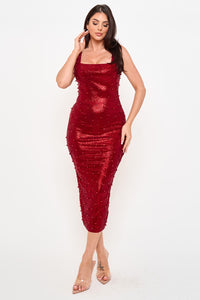 Rhinestone And Pearl Beaded Midi Dress
