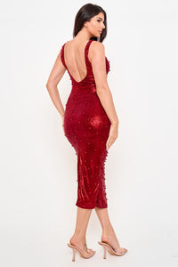 Rhinestone And Pearl Beaded Midi Dress