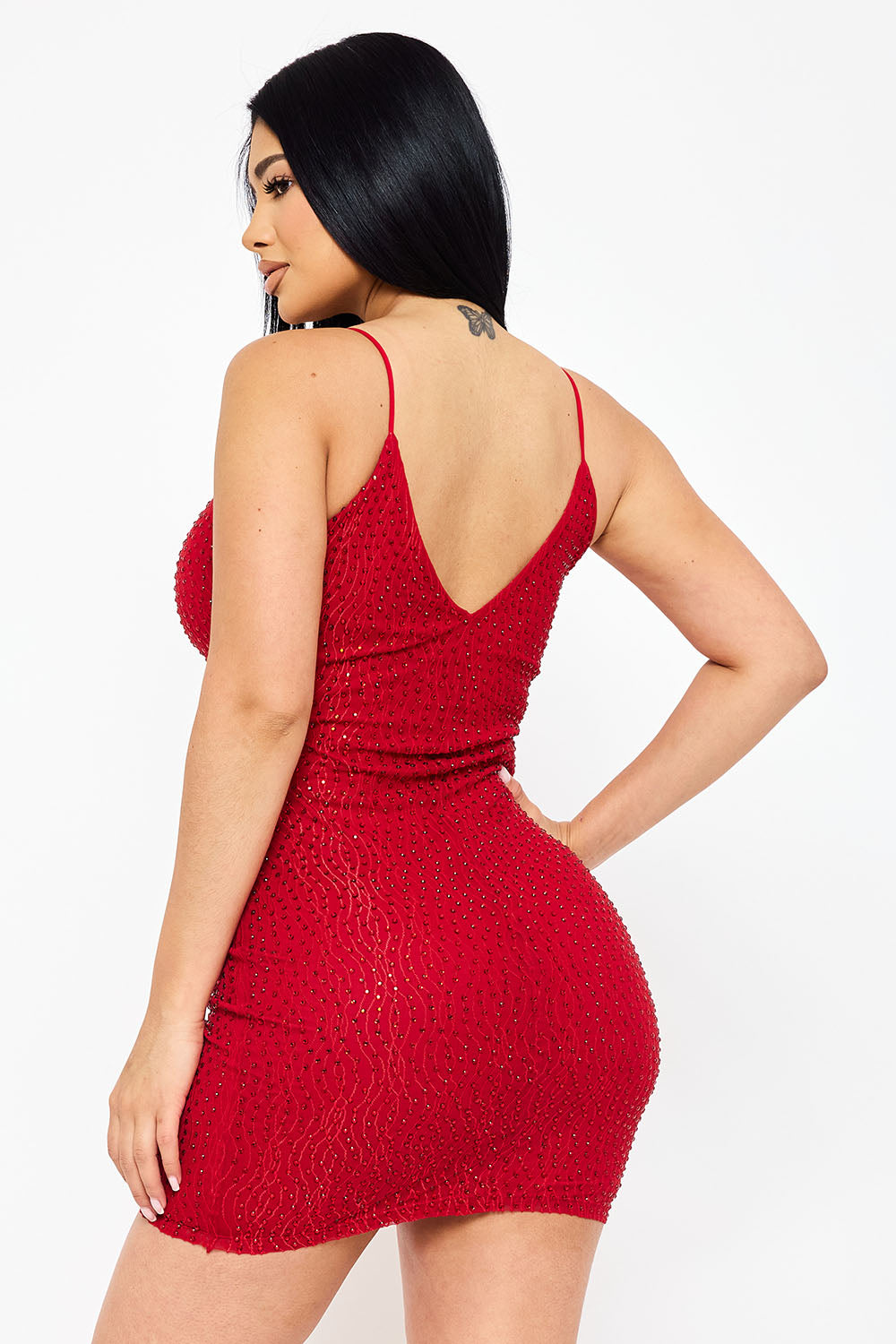 Rhinestone With Stitching Detailed Mini Dress