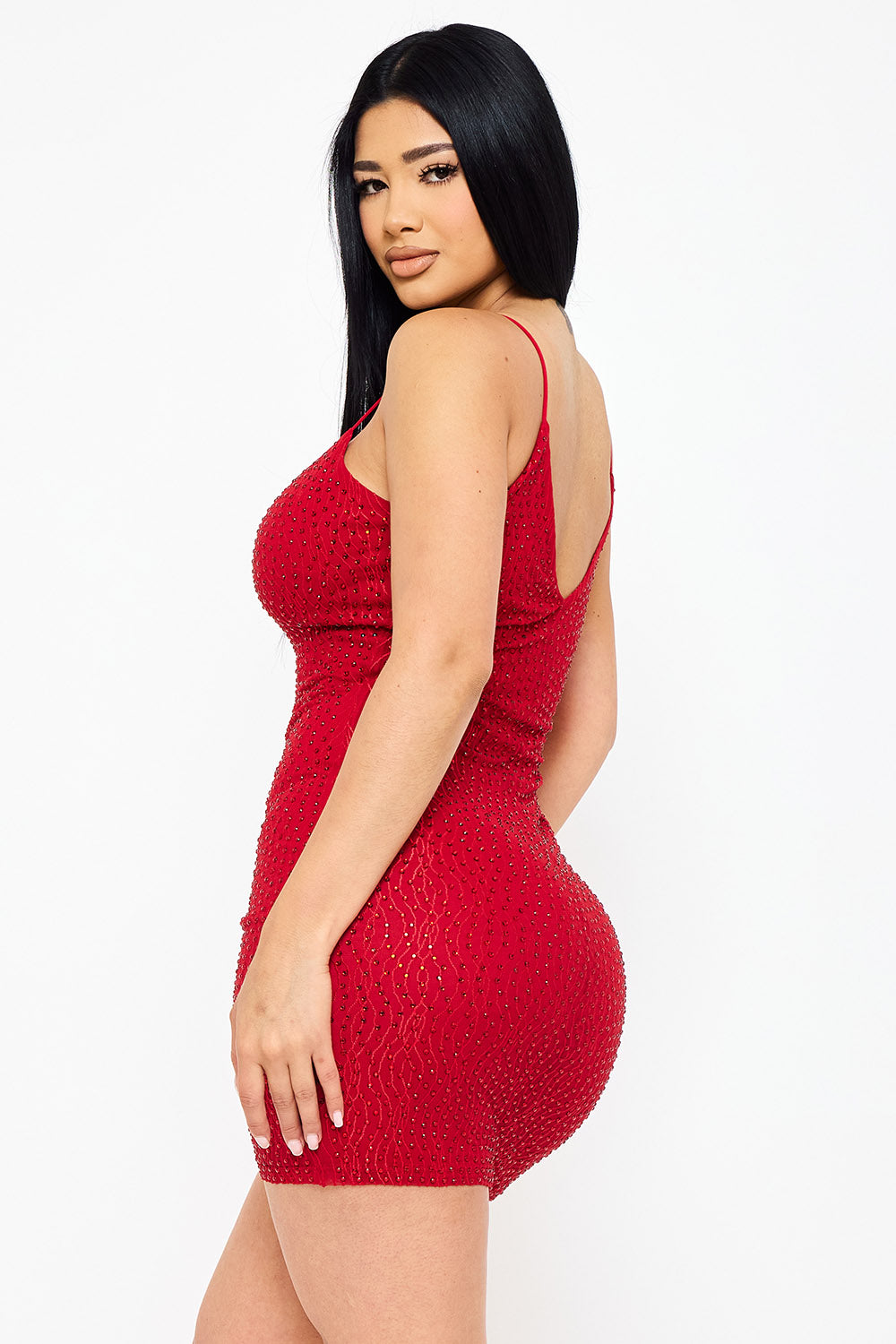 Rhinestone With Stitching Detailed Mini Dress