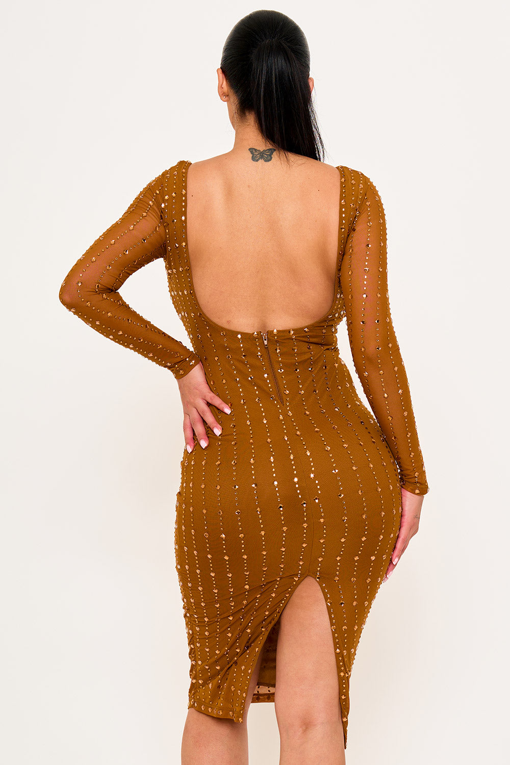 Symphony Dress - Square Rhinestone On Mesh Midi Dress | Zezebe
