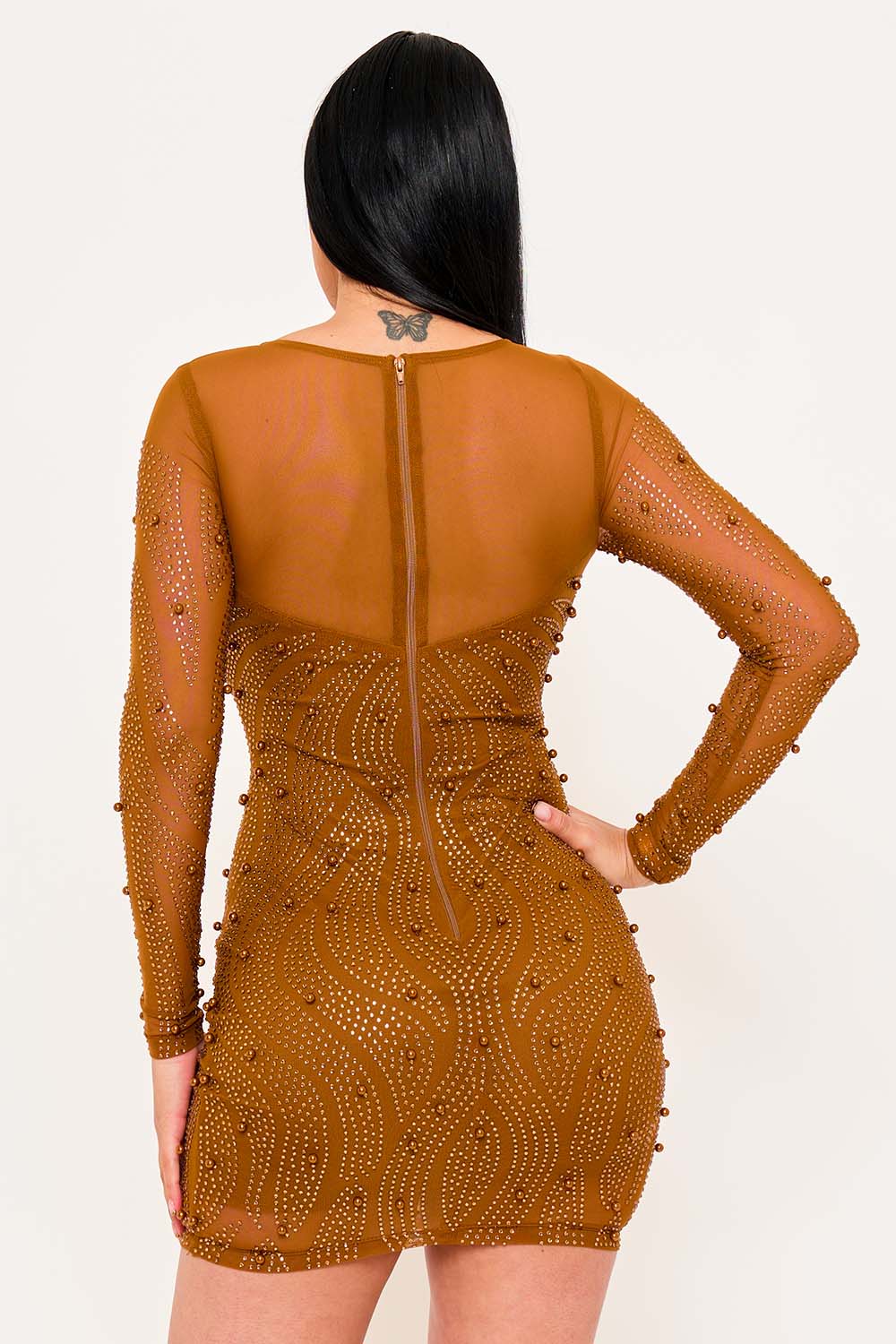 Symphony Dress - Patterned Rhinestone And Pearl On Mesh Mini Dress | Zezebe