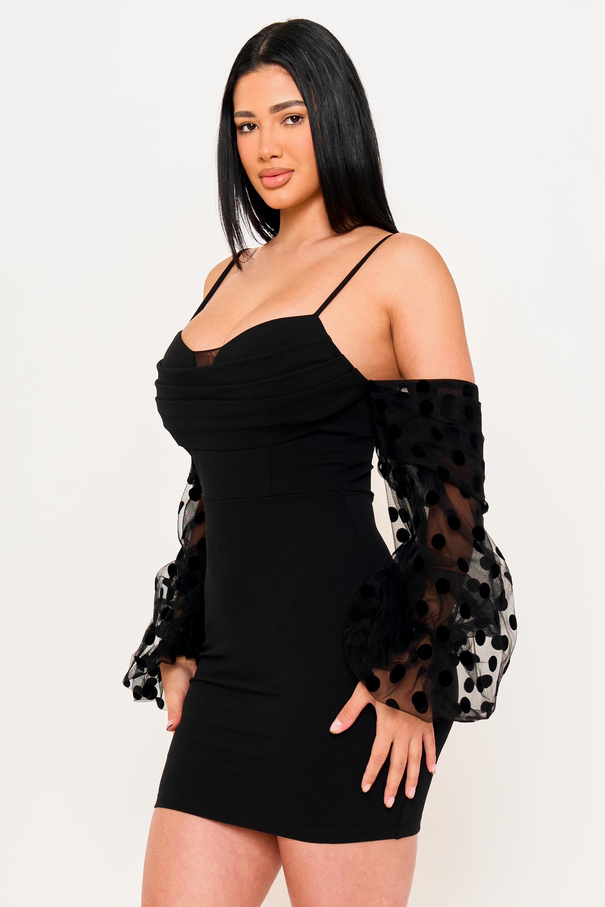 Symphony Dress - Polkadot On Mesh Long Balloon Sleeve Mini Dress | Zezebe