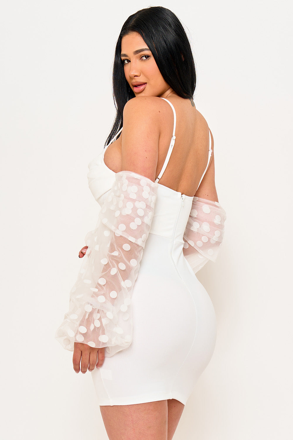 Symphony Dress - Polkadot On Mesh Long Balloon Sleeve Mini Dress | Zezebe