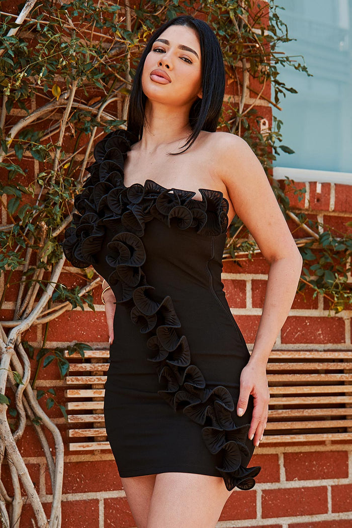 Symphony Dress - Pleated Ruffle One Shoulder Mini Dress | Zezebe