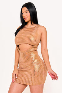Symphony Dress - Rhinestone On Slinky Foil Crop Top Mini Dress | Zezebe