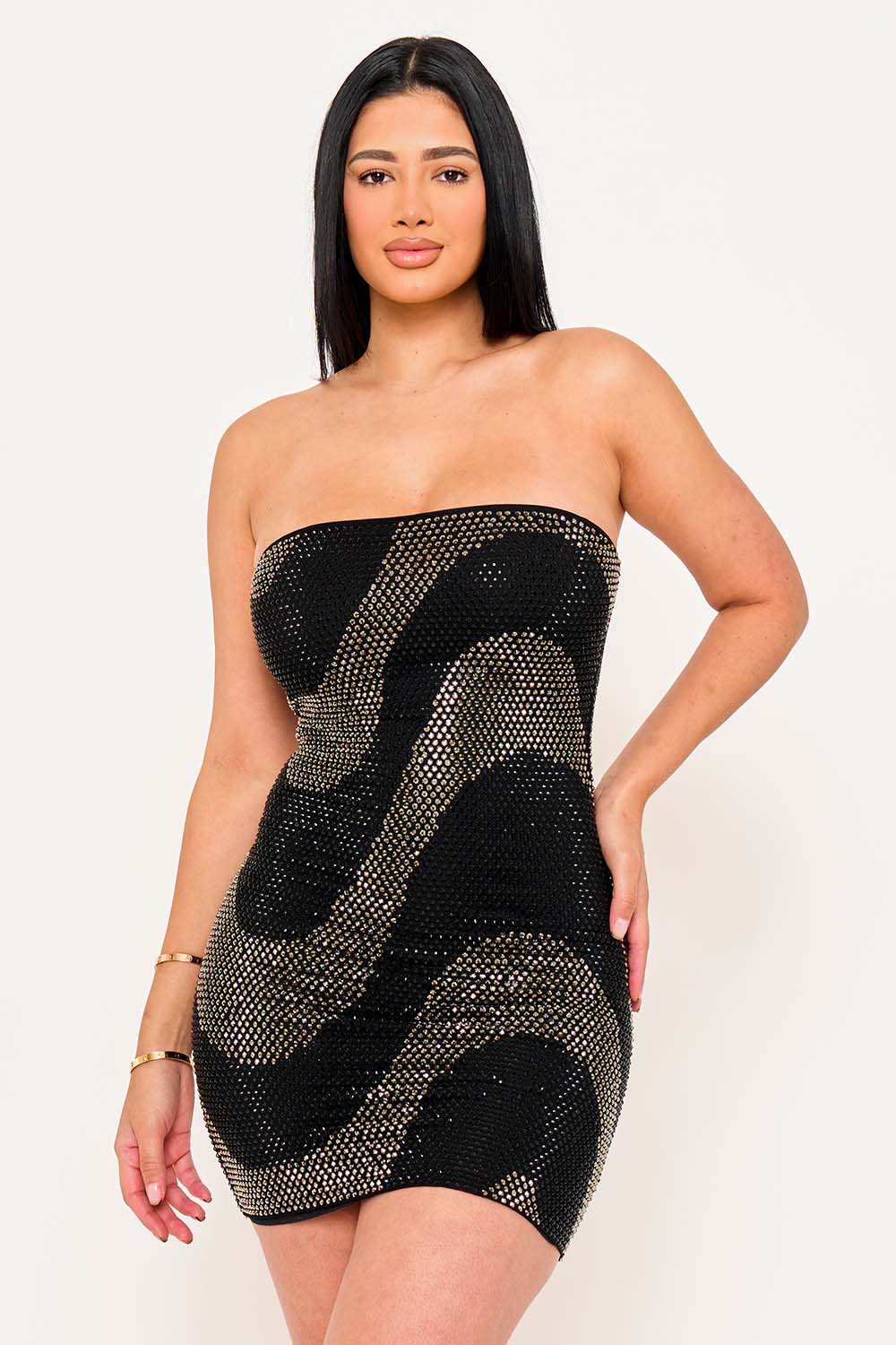 Symphony Dress - Swirl Patterned Rhinestone Tube Top Mini Dress | Zezebe Black / M Symphony Dress - Swirl Patterned Rhinestone Tube Top Mini Dress | Zezebe Black / M