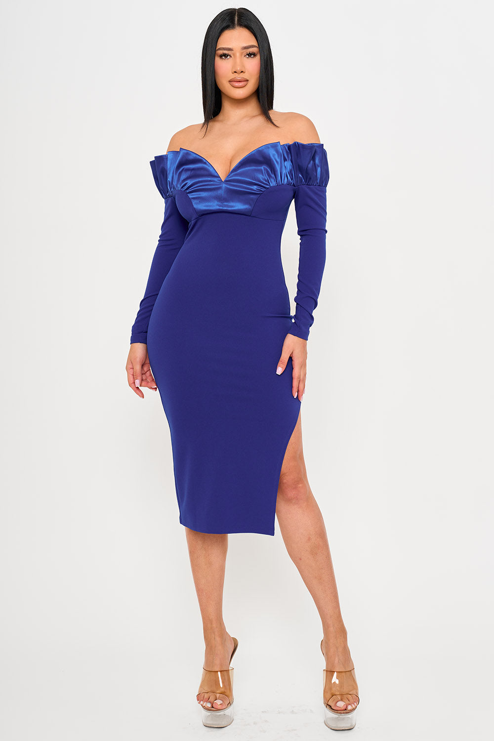 Symphony Dress - Off The Shoulder With Satin Ruffle Top Midi Dress | Zezebe