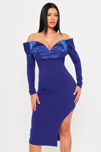 Symphony Dress - Off The Shoulder With Satin Ruffle Top Midi Dress | Zezebe