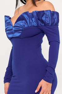 Symphony Dress - Off The Shoulder With Satin Ruffle Top Midi Dress | Zezebe