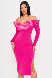 Symphony Dress - Off The Shoulder With Satin Ruffle Top Midi Dress | Zezebe