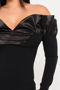 Symphony Dress - Off The Shoulder With Satin Ruffle Top Midi Dress | Zezebe