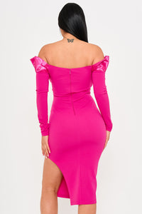 Symphony Dress - Off The Shoulder With Satin Ruffle Top Midi Dress | Zezebe