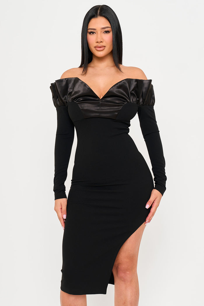 Symphony Dress - Off The Shoulder With Satin Ruffle Top Midi Dress | Zezebe