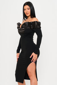 Symphony Dress - Off The Shoulder With Satin Ruffle Top Midi Dress | Zezebe