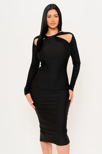Symphony Dress - Rhinestone On Mesh Sleeve Satin Midi Dress | Zezebe