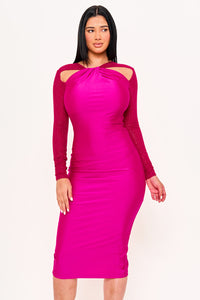 Symphony Dress - Rhinestone On Mesh Sleeve Satin Midi Dress | Zezebe