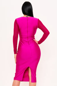 Symphony Dress - Rhinestone On Mesh Sleeve Satin Midi Dress | Zezebe