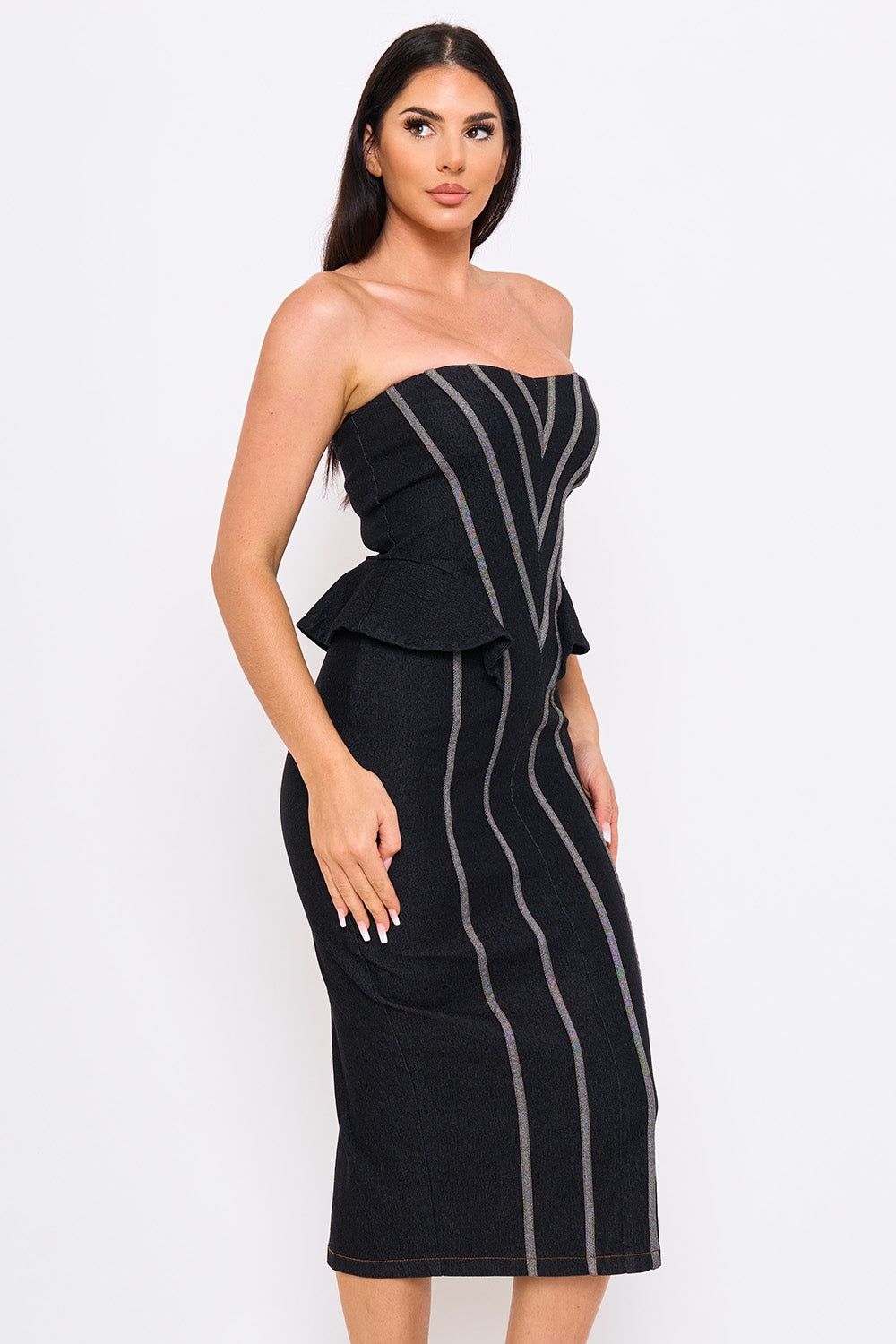 Chevron Pattern Pipe Detail Midi Dress
