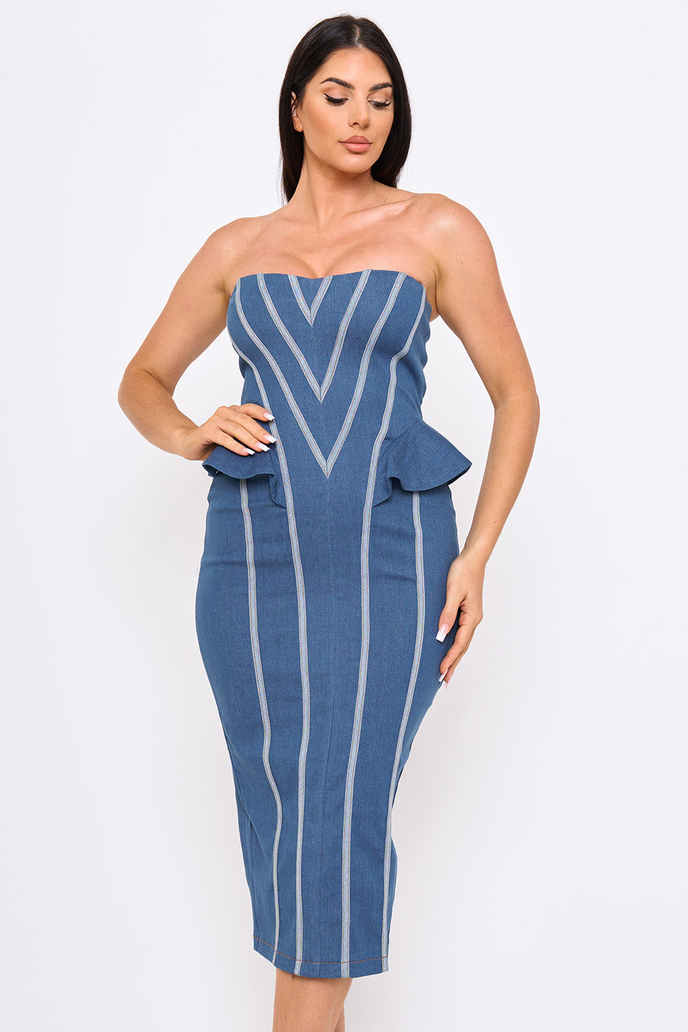 Chevron Pattern Pipe Detail Midi Dress