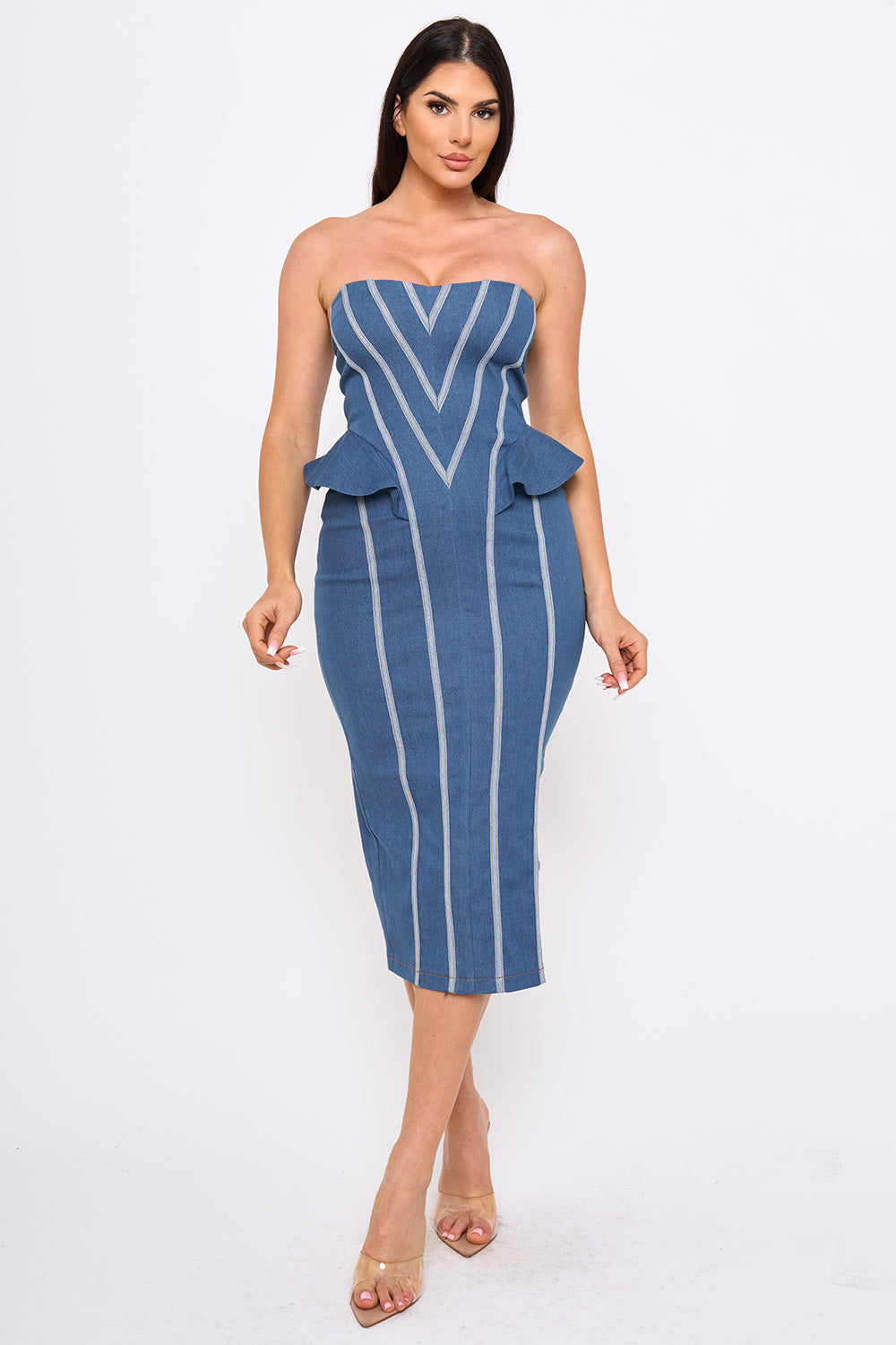 Chevron Pattern Pipe Detail Midi Dress