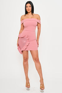 Off The Shoulder Rhinestone Heart On The Skirt Mini Dress