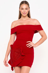 Off The Shoulder Rhinestone Heart On The Skirt Mini Dress