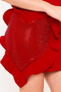 Off The Shoulder Rhinestone Heart On The Skirt Mini Dress