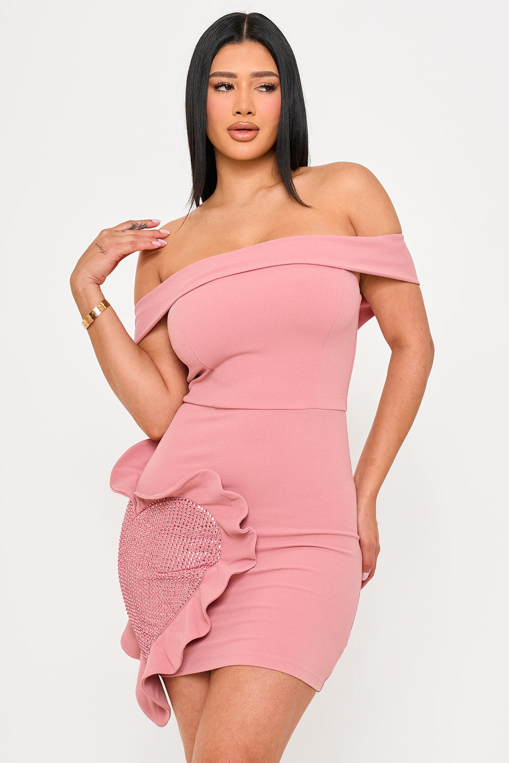Off The Shoulder Rhinestone Heart On The Skirt Mini Dress
