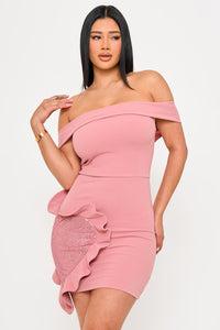 Off The Shoulder Rhinestone Heart On The Skirt Mini Dress